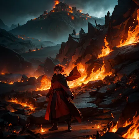 A formidable mage, garbed in flowing, ember-glowing robes, stands at the center of a desolate, scorched battlefield. The mage channels a blazing fireball, its searing flames illuminating the dark, smoke-filled air with intense, flickering light. The scene ...