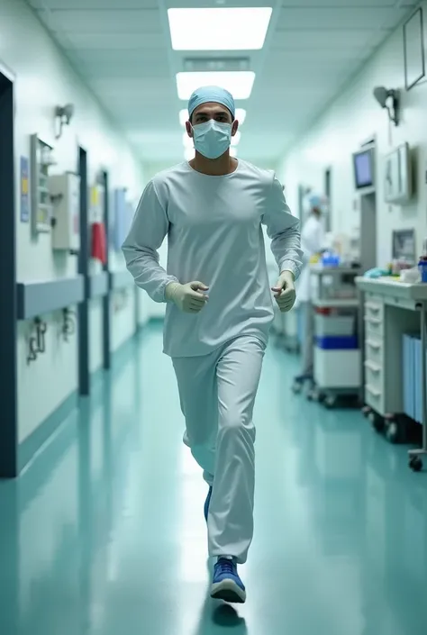 A surgeon wearing theater kit running in the corridor of the theater 