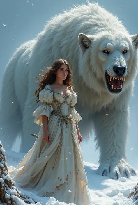 One with brown eyes, brown hair. She is a royalty from the 1800s. shes a princess. And on a certain day, she was hurt and injured, with his clothes torn. And next to her, there was a snow beast (white with sharp, white eyes) and hairy hairs