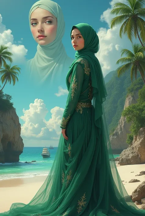 Portrait of a beautiful young woman wearing a luxurious green dress and hijab standing on the beach with a ship,rocks, many trees blue sky,in the sky there are two big faces of beautiful women wearing hijab,front face