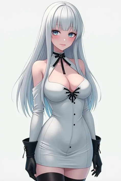 anime girl,White skin,blue slanted eyes, indifferent empty look, straight hair, White hair, fringe, small waist, huge breasts, big hip, I will trace the great, White dress, fitted dress,black gothic boots,