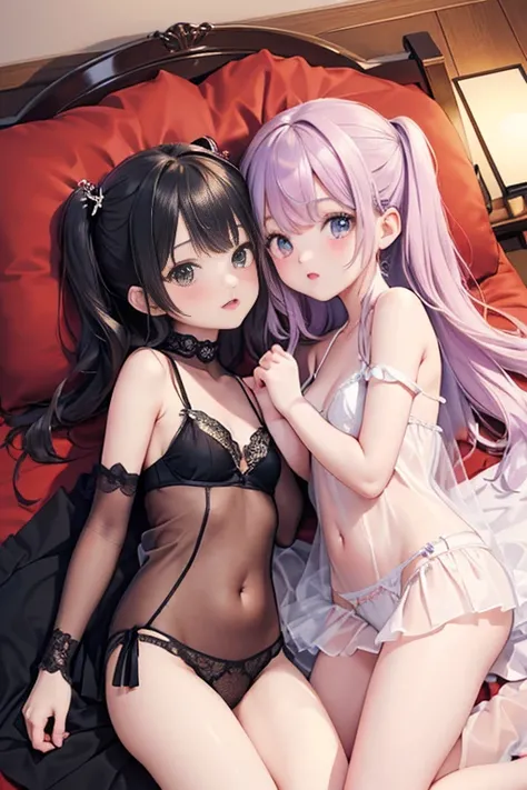 (8 (8k, Highest quality, masterpiece:1.2),cute,cute女の子たち,Couple girls,2 people，お腹にkissをする，mesugaki,Fantasy_world,kiss,On the futon，Lie，See-through lingerie，Interact&#39;Chest through clothes，Beautiful thighs，Gentle caress，Heavy breathing，white liquid splat...