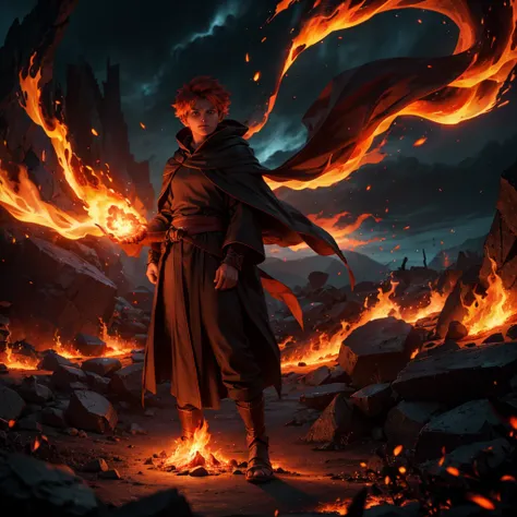 A formidable mage, garbed in flowing, ember-glowing robes, stands at the center of a desolate, scorched battlefield. The mage channels a blazing fireball, its searing flames illuminating the dark, smoke-filled air with intense, flickering light. The scene ...