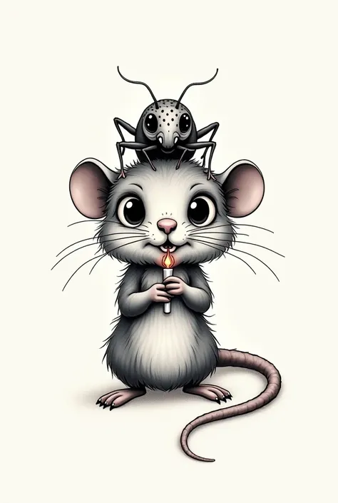 Design for a tattoo of a cute rat holding a match, He has a cockroach on his head