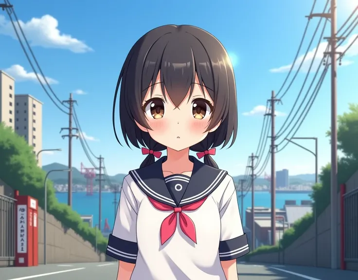 hentai, Realistic, 3d, A masterpiece illustration. love, kawaii, curious,
One girl.
She is wearing a short-sleeved white sailor suit、She has a black sailor collar with a pink ribbon.
I&#39;m wearing a black skirt.
Her hair style is long low twin tails with...