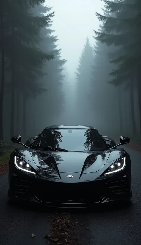 Black super sport car with front low angle look in  with surrounded by black  forest and fog and road with black background 8k pic