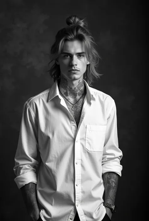 Create a black and white portrait of a young man with a confident expression. He has long, slightly tousled hair styled in a bun and visible tattoos on his neck and arms. The subject is wearing a loose-fitting, button-up white shirt with rolled-up sleeves....