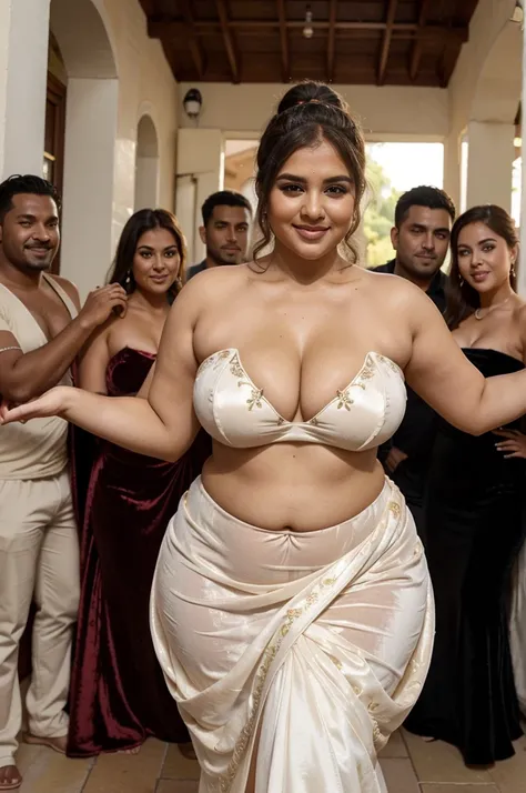 extreme closeup full body of a bbw curvy t4mm, seductive, deep cleavage, looking at viewer, smile, ponytail, cream colour half embroidered strapless deep neck velvet lehenga, from front view, day scene, a group of men cheering next to her, full body image 