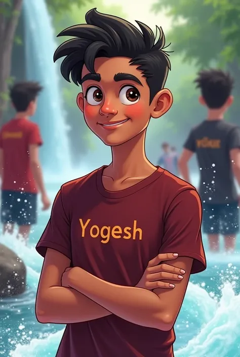 stylish pose. beautiful gira water flow in white, with nikon camera. boy wearing Dark red long t-shirt, yogesh All the boys have different names written on their T-shirts He is looking so cute, indian, stylish, and smart, smiling. some boy in back, full Bl...