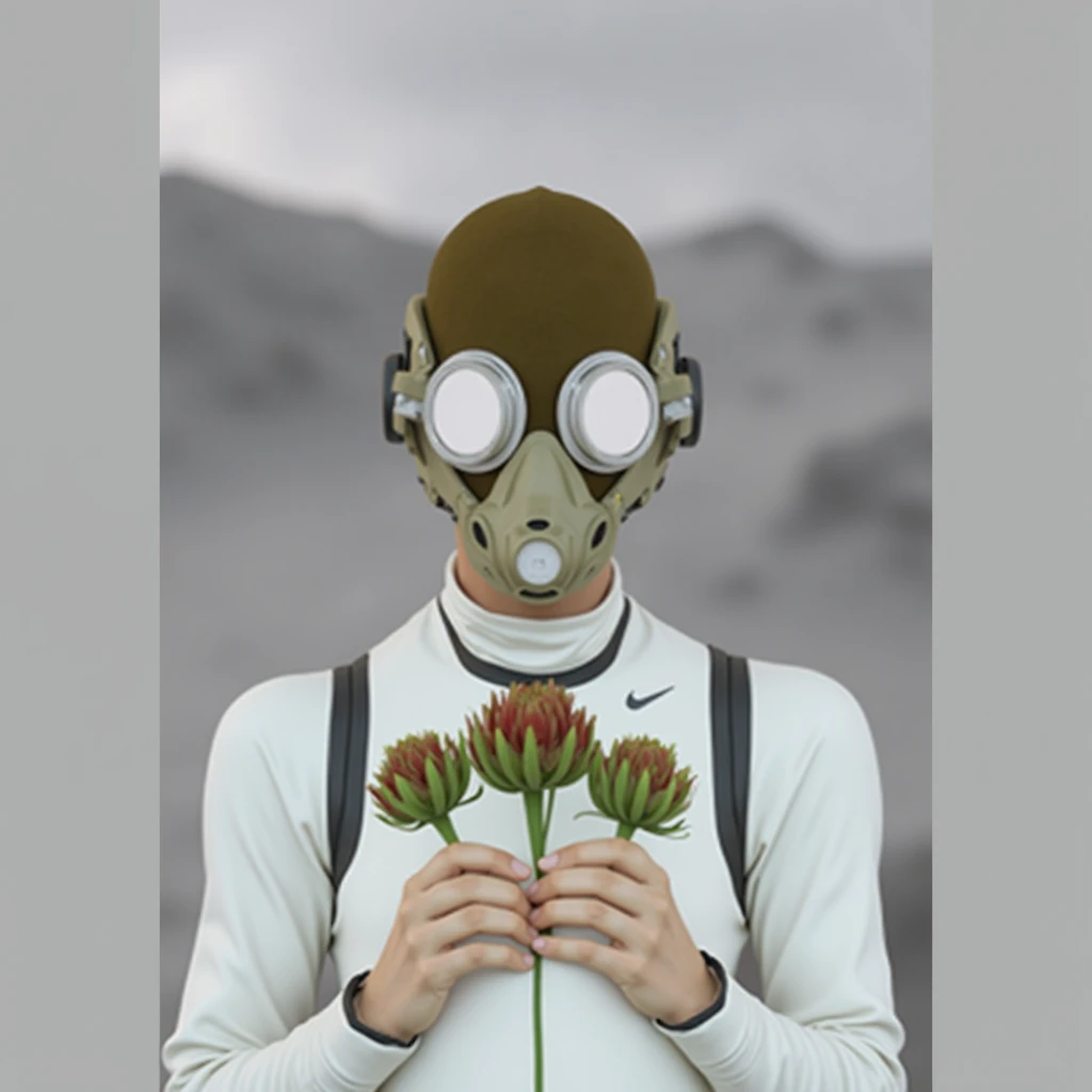 A human wear head oxygen mask and hold plants in hand