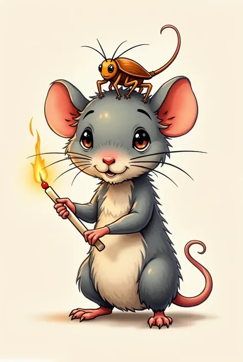 Design for a cute rat tattoo with a side pose, holding a match, He has a cockroach on his head