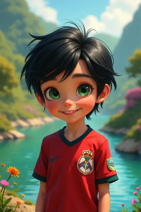 Generate a cover of a disney version of a black-haired boy , medium short hair , green eyes , River Plate shirt, title " health" 