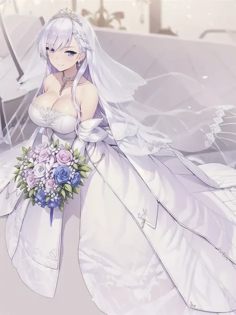 belfast (azur lane),((masterpiece)),(((best quality))),((ultra-detailed)),((illustration)),((disheveled hair)),((frills)),(1 girl),
1girl,ahoge,bangs,bare legs,bare shoulders,bird,blue sky,blush,bouquet,braid,breasts,bridal veil,bride,church,cleavage,close...