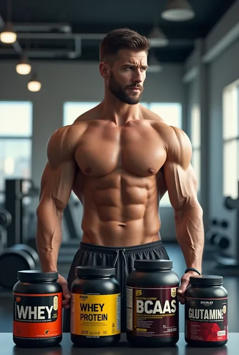 A young gym guy with good physique carrying gym suppliments such as whey protein, creatine, bcaa, glutamine etc. The guy is doubting which one is choose