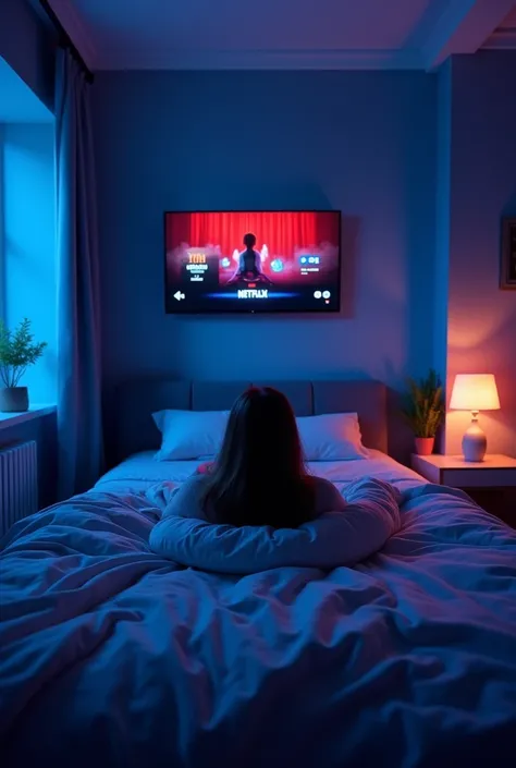 Watching Netflix with blue purple room
