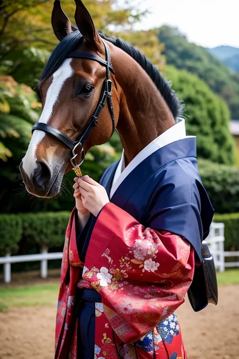 Horse wearing kimono　Horse wearing a crested hakama　Only horses　Horses alone　New Year　　Horse wearing a crested hakama　　Horse-focused