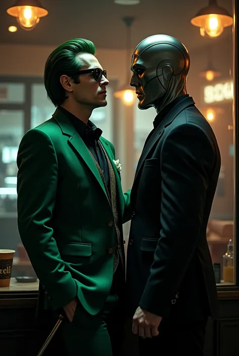 Jim Carrey as Edward Nygma also know as The Riddler wearing a green and black suit and wearing black sun glasses holding riddlers stick next to Magnetto wearing black suit and a silver helmet at a coffe shop night time