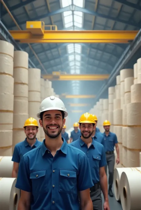 Stack of paper rolls in paper factory warehouse with kone cranes paper roll with 1 employee wearing white helmet, 5 employees wearing yellow helmets, blue attack, short sleeves, smiling.
