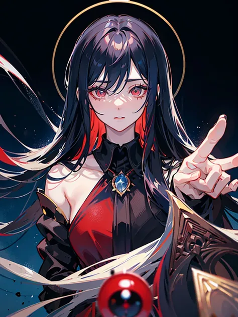 Masterpiece, ultra-detailed lighting. Anime boy, crimson eyes, detailed eyes, long eyelashes, dark blue hair with red gradient; long flowy hair, shoulder-length hair, black suit, black collared shirt, black tie. Cold, determined, eyes wide, hand reaching o...