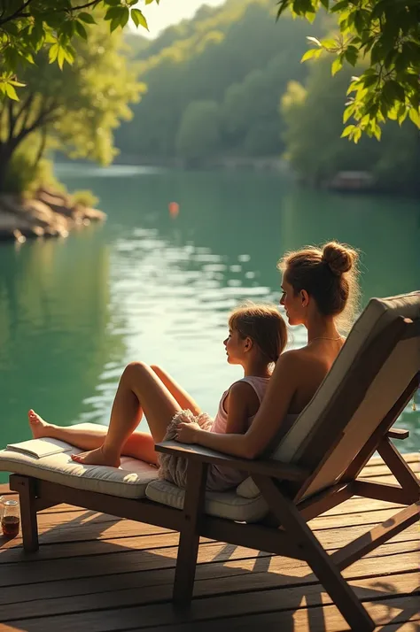 A mother and her daughter are relaxing on the wooden deck of a resort overlooking a river. The mother is resting on a lounge chair while her daughter is by her side. They are watching the river scene which is very interesting.

Describe the situation with ...