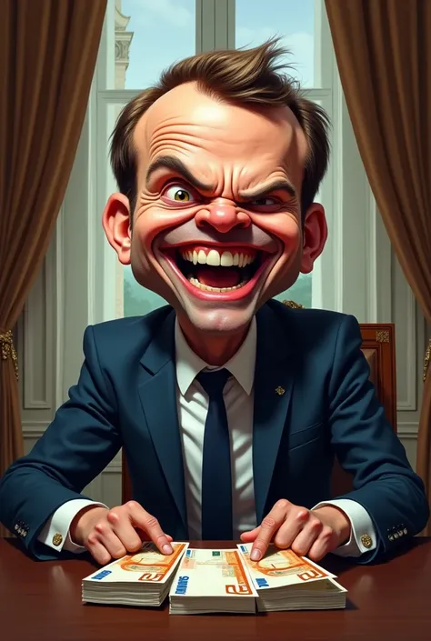 (Emmanuel Macron caricature portrait,French president,man sitting at desk in the Élysée Palace,insane,destroying France,exaggerated features,distorted,grotesque,humorous,satirical,digital painting,character design,detailed facial features,intense expressio...