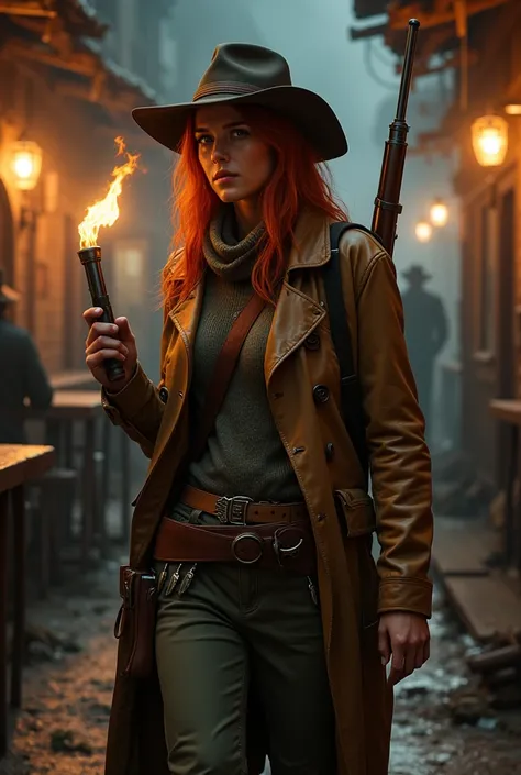 This character embodies the rugged spirit of the Wild West., Sandra Cretu in the image of Indiana Jones in a female image, Red hair,leather raincoat, Bundeswehr sweater,winchester behind the shoulder and revolvers in holsters behind the belt, trousers, exp...