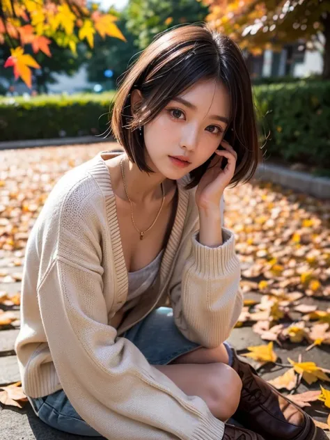 Highest quality, masterpiece, Attention to detail, Intricate details, Mysterious Autumn Woman, Red lightweight sweater、Chestnut-colored hair、Beautiful hair、Model-like style、Model-like pose、impressive chest、jewelry、Full Body Shot、Lots of autumn foliage、Colo...