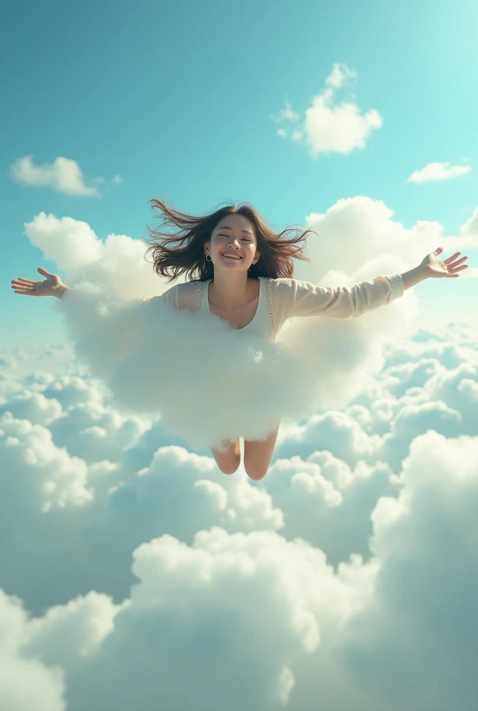 masterpiece, best quality, movie still, 1girl, floating in the sky, cloud girl, cloud, (close-up:1.1), bright, happy, fun, soft lighting, (Bauhaus, shapes, lines, abstract:1.1)