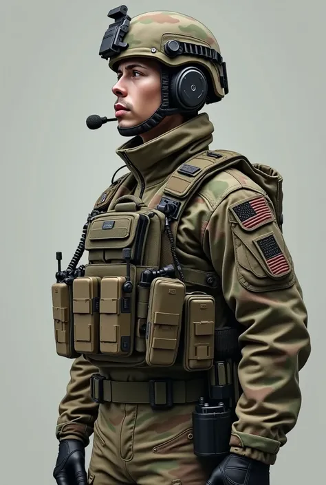 Wearing a modern day British army uniform and a headset 