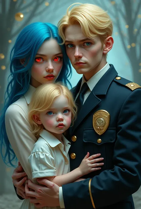 Famile, man in police uniform, blond hair, blue eeyes. Woman, red eyes, blue hair. Kid, blond hair, red eyes.