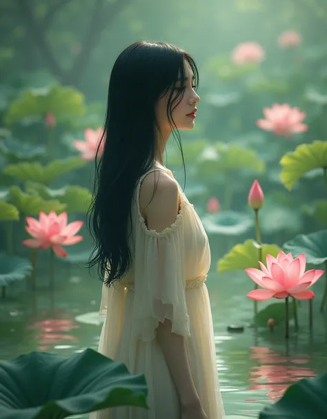 Lotus flower, 1 girl, Casual Dresses, Medium Hair, Black Hair, from side.