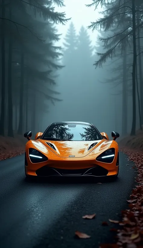 sport car with any colour low angle look in  with surrounded by black  forest and fog and road with black background 8k ultra quality pic