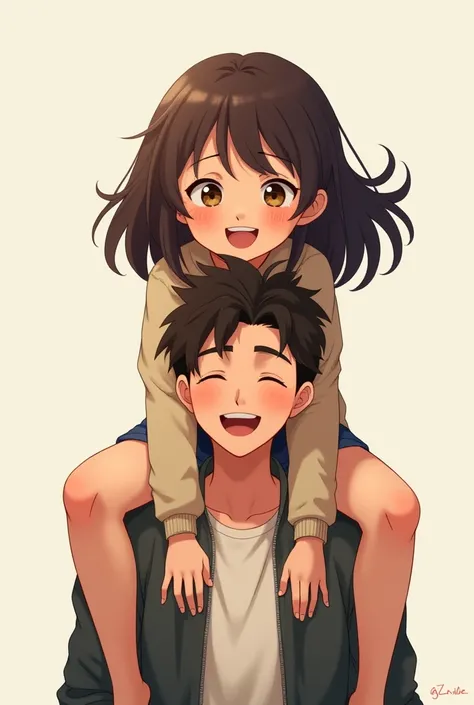 brunette girl sitting on man’s shoulders with legs stretched out, squeezing around a man’s neck