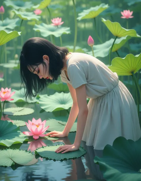 Lotus flower, 1 girl, Bend, Casual Dresses, Medium Short Hair, Black Hair, from side.