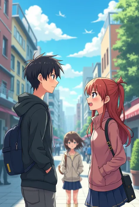 Anime Style、A man and a girl are having a fun conversation、A girl gazing at it from afar
