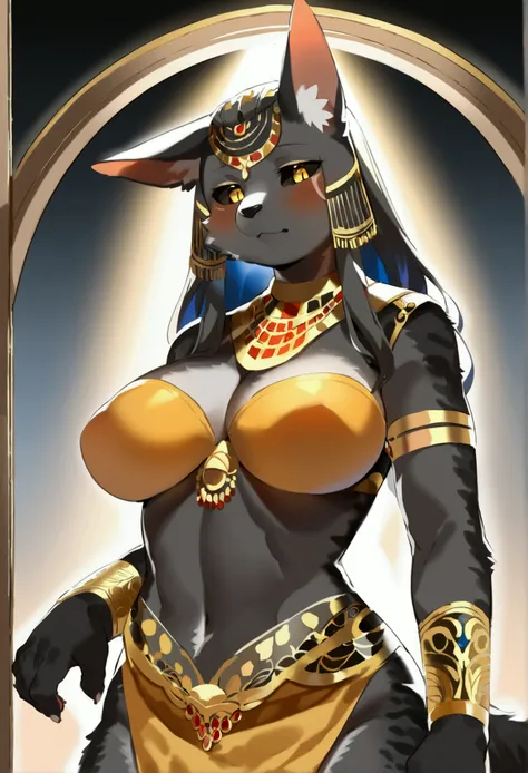 top quality, best quality, by bogexboog, High-quality illustrations, masterpiece, uploaded on rule34), (kemono, furry anthro), very beautiful and detailed body face and eyes, round, 1 female, jackal, Anubis, mature face, dark furs, fluffy, tail, big breast...