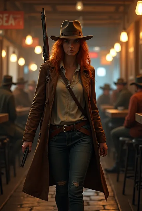 This character embodies the rugged spirit of the Wild West., Sandra Cretu in the image of Indiana Jones in a female image, Red hair,leather raincoat, Bundeswehr sweater,winchester behind the shoulder and revolvers in holsters behind the belt, trousers, exp...