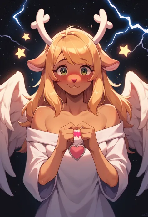 Noelle Deltarune, cute, blushing, love hearts, long golden hair, antlers, lightning, black background, stars, galaxies, angel.