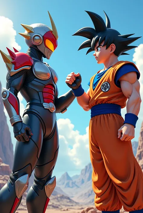 Kamen rider fist bumping goku 
