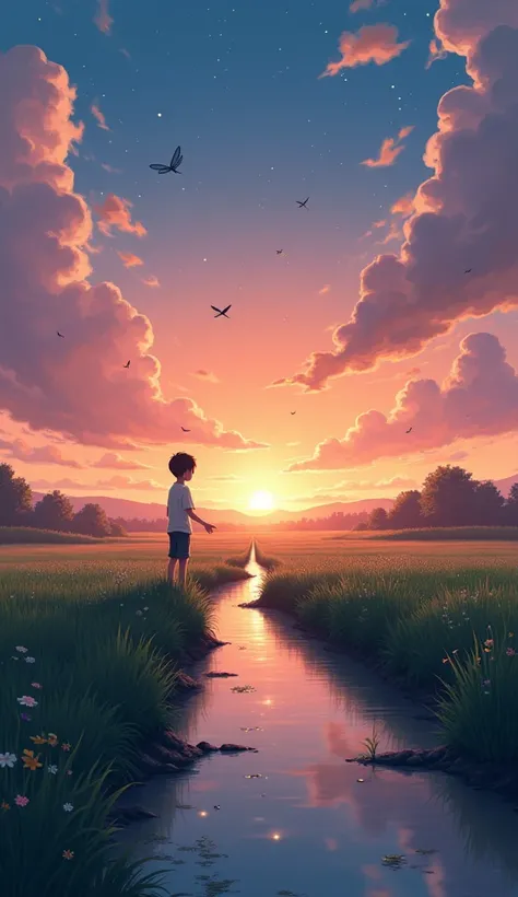 Landscape painting, Anime illustration, A wide landscape of rice fields or meadows at dusk. The summer sun is gently fading, casting a soft orange and pink glow across the sky. Distant trees stand as silhouettes, with dragonflies flying through the air. On...