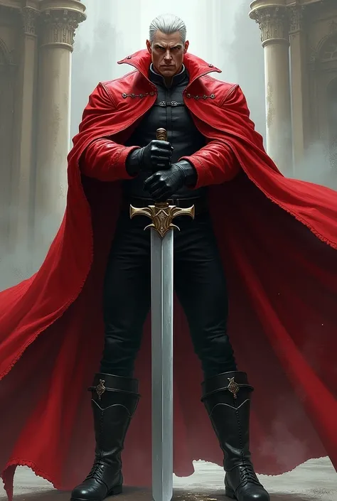 Strong man, short white hair, eyes, long red coat, black gloves, black pants, black boots and holding a big sword