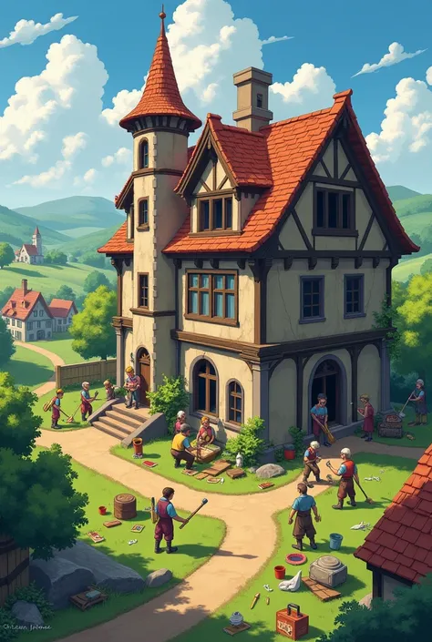 Villagers working to repair and clean the old mansion** - Depict a group of villagers actively repairing the mansion, with tools and cleaning supplies scattered around.
