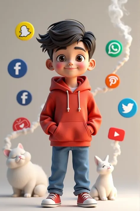 Create a 3d image of  paniatani cute boy a teenager wearing red hoodie jeans that says "yogesh" White smoke artistically social media logo etc, Facebook, Snapchat, Instagram, whatsapp, YouTube, Twitter,