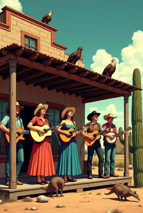 Hyperrealistic comic from the 50&#39;s on the porch of an old cantina, a country music group of men and two women playing their instruments, electric guitar, acoustic guitar, banjo, two women singing dressed as cowgirls with long skirts, around the right c...