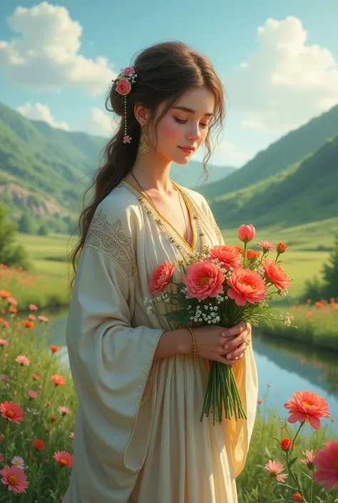 Draw a picture abot a girl wearing ancient clothes and picking flowers while smiling
