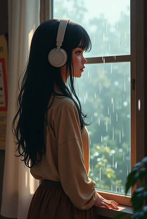 Anime Lady  ,with black long hair , wearing headphone watching rain from window bengali brown skin, sideviews wearing decent tops and long pant