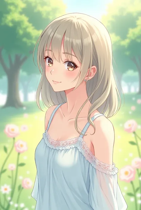 Character Appearance: Draw a girl with a delicate and transparent look using soft colors. Her hair and eyes should have pastel or light tones. The expression should be a gentle smile, and her eyes should be large, reflecting a kind demeanor.
Outfit: Design...