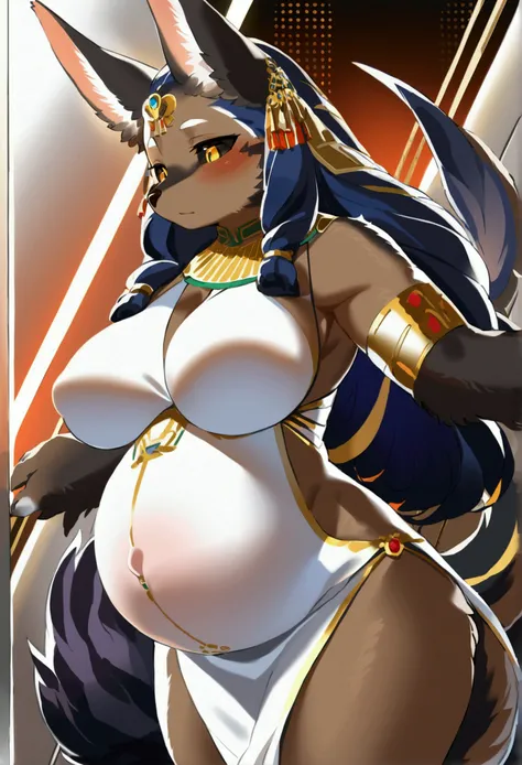 top quality, best quality, by bogexboog, High-quality illustrations, masterpiece, uploaded on rule34), (kemono, furry anthro), very beautiful and detailed body face and eyes, round, 1 female, jackal, Anubis, mature face, dark furs, fluffy, tail, big breast...