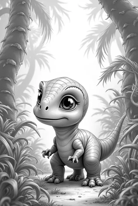  Baby dinosaur in jungle, hand drawing, high quality sketch, pencil sketch outline,lineart