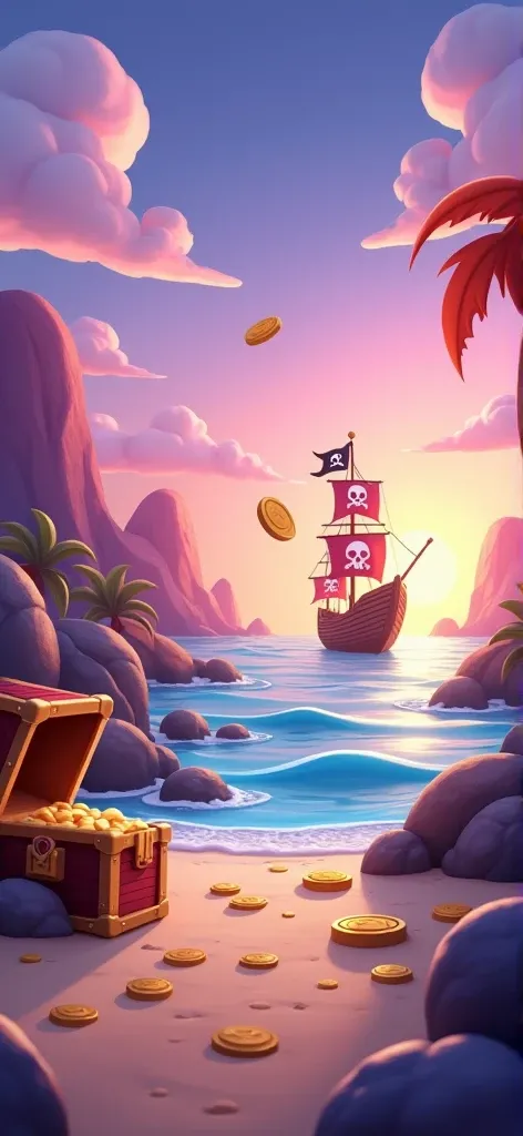 A vibrant, 3D toon-style background for a pirate-themed card game, featuring a pirate ship with a skull flag in the distance. The scene includes playful, cartoonish elements like treasure chests, and flying gold coins. The sky is a blend of soft purples an...